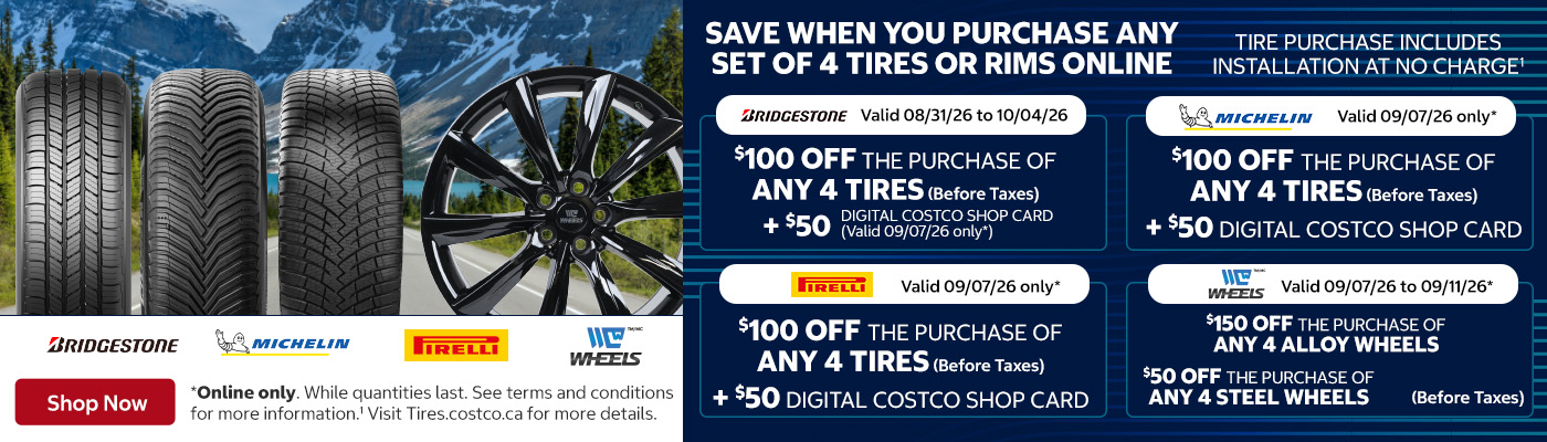 Save when you purchase any set of 4 tires or rims online.