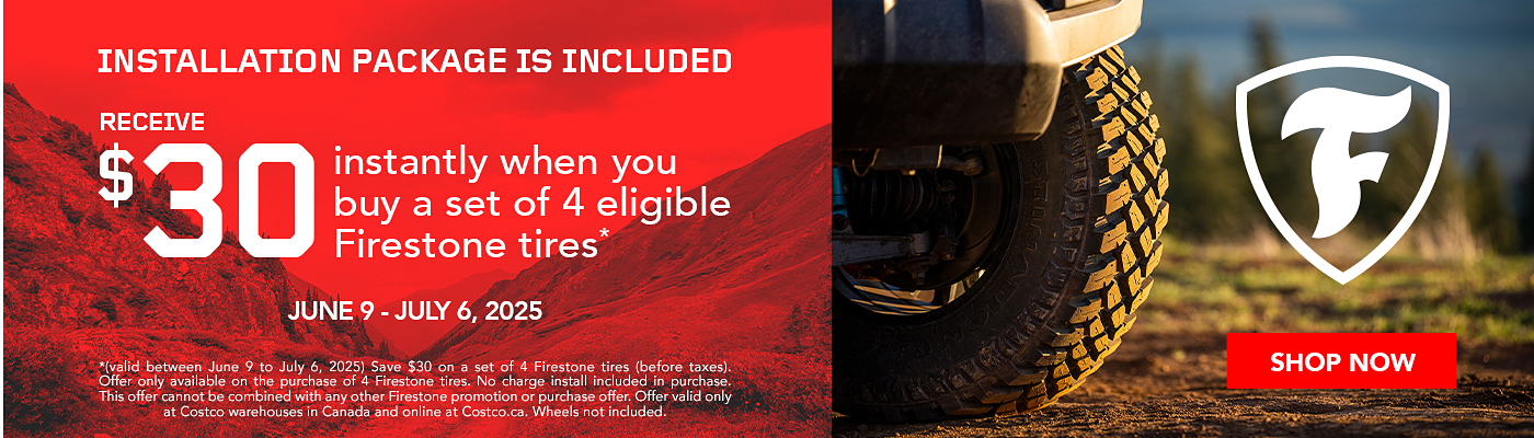 Receive $30 instantly when you buy a set of 4 eligible Firestone tires.