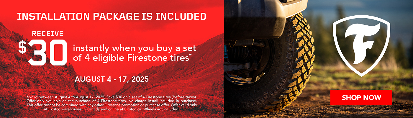 Receive $30 instantly when you buy a set of 4 eligible Firestone tires.