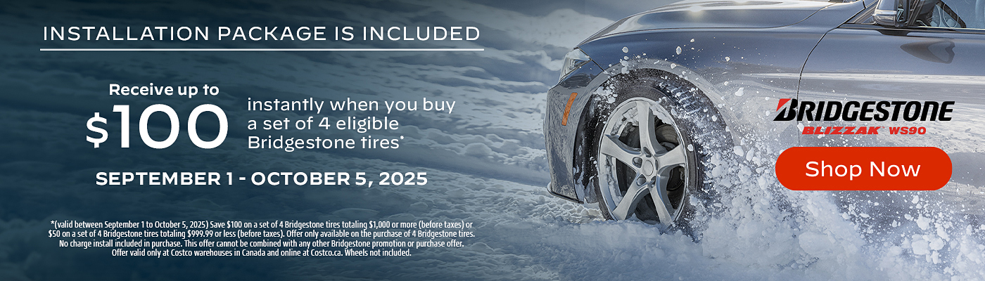 Receive up to $100 instantly when you buy a set of 4 eligible Bridgestone tires.