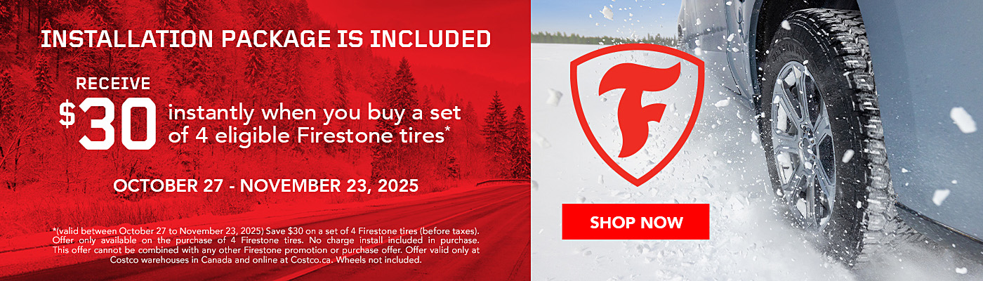 Receive $30 instantly when you buy a set of 4 eligible Firestone tires.