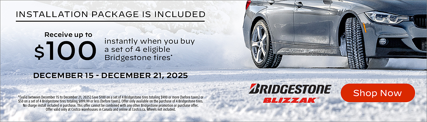 Receive up to $100 instantly when you buy a set of 4 eligible Bridgestone tires.