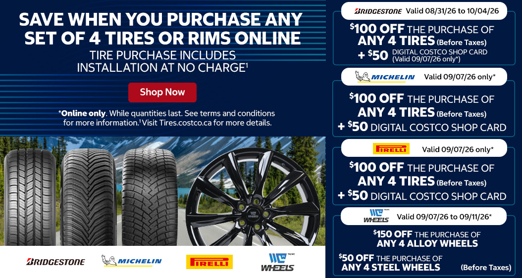 Save when you purchase any set of 4 tires or rims online.