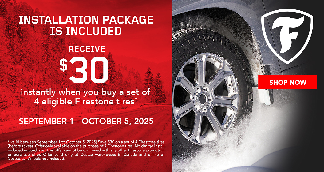 Receive $30 instantly when you buy a set of 4 eligible Firestone tires.