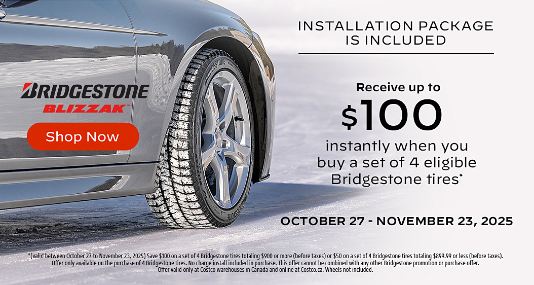 Receive up to $100 instantly when you buy a set of 4 eligible Bridgestone tires.