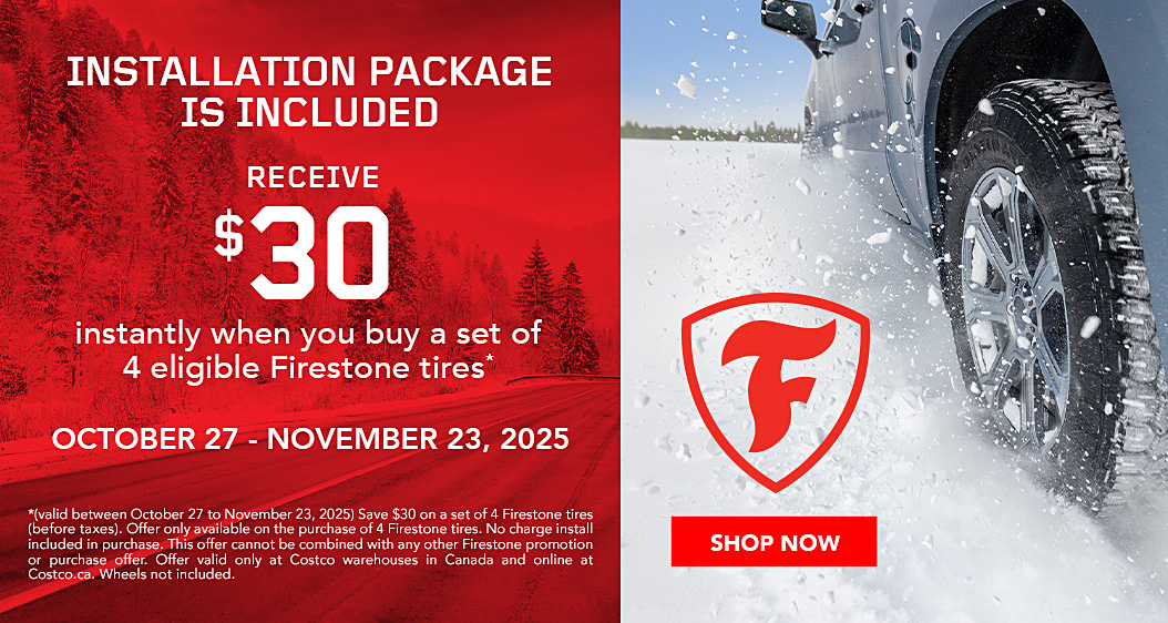 Receive $30 instantly when you buy a set of 4 eligible Firestone tires.