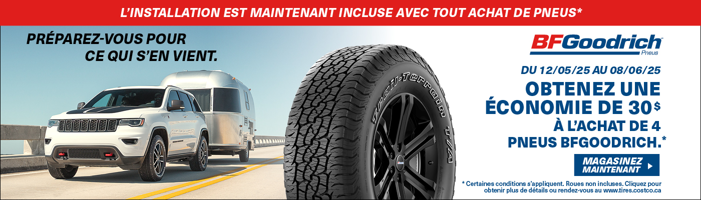 Obtenez une économie de 30$ à l'achat de 4 pneus BFGoodrich