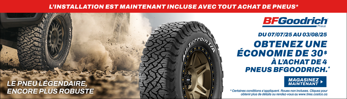 Obtenez une économie de 30$ à l'achat de 4 pneus BFGoodrich.*