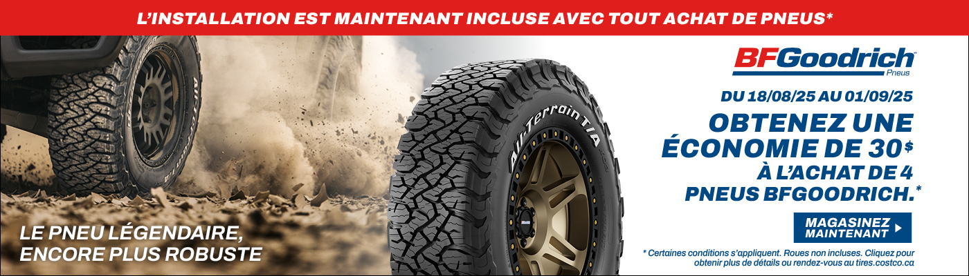 Obtenez une économie de 30$ à l'achat de 4 pneus BFGoodrich.