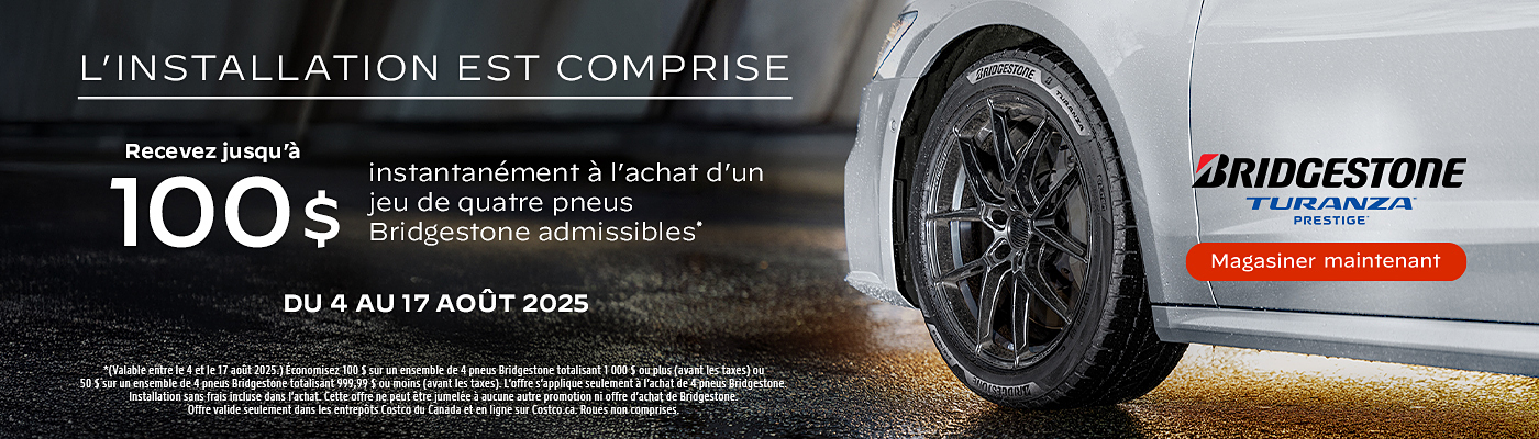 Recevez jusqu'à 100$ à l'achat d'un jeu de quatre pneus Bridgestone admissibles.