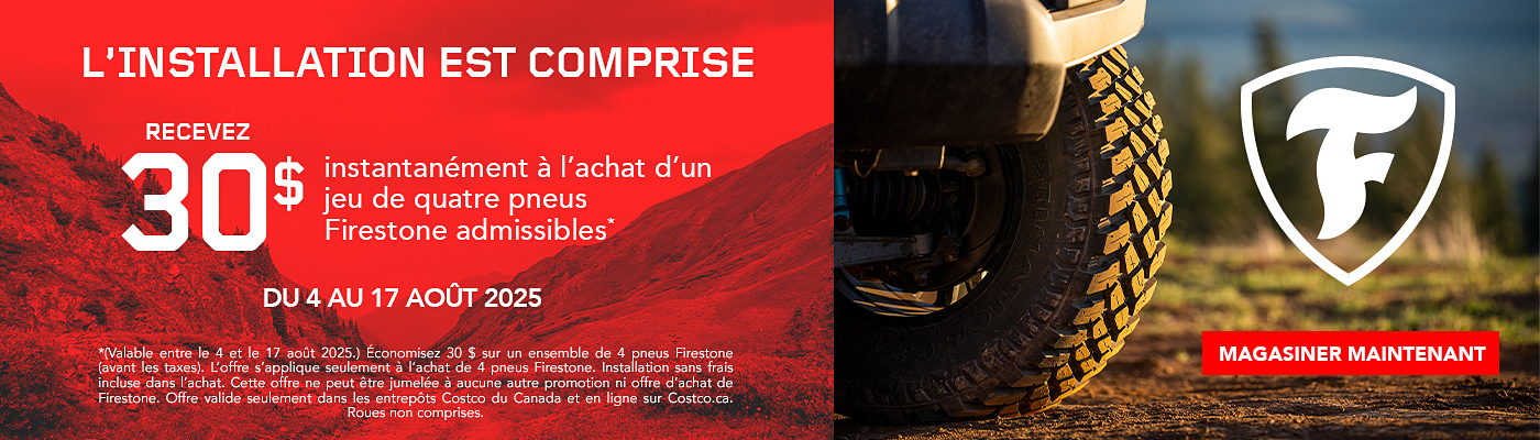 Recevez 30$ instantanément à l'achat d'un jeu de quatre pneus Firestone.