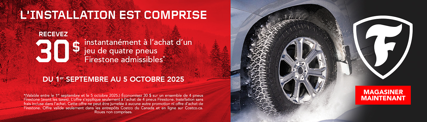 Recevez 30$ instantanément à l'achat d'un jeu de quatre pneus Firestone.