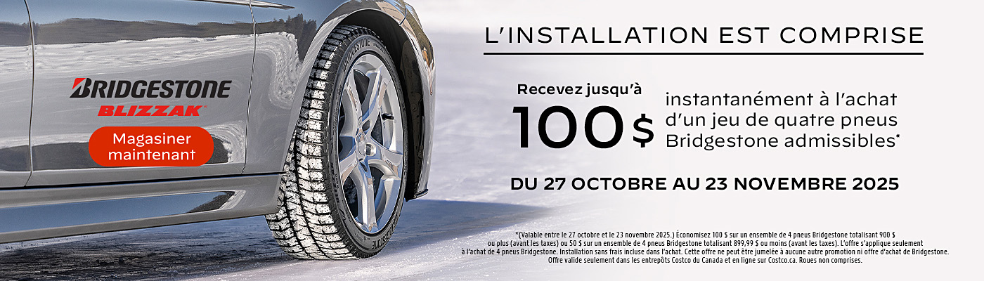 Recevez jusqu'à 100$ à l'achat d'un jeu de quatre pneus Bridgestone admissibles.