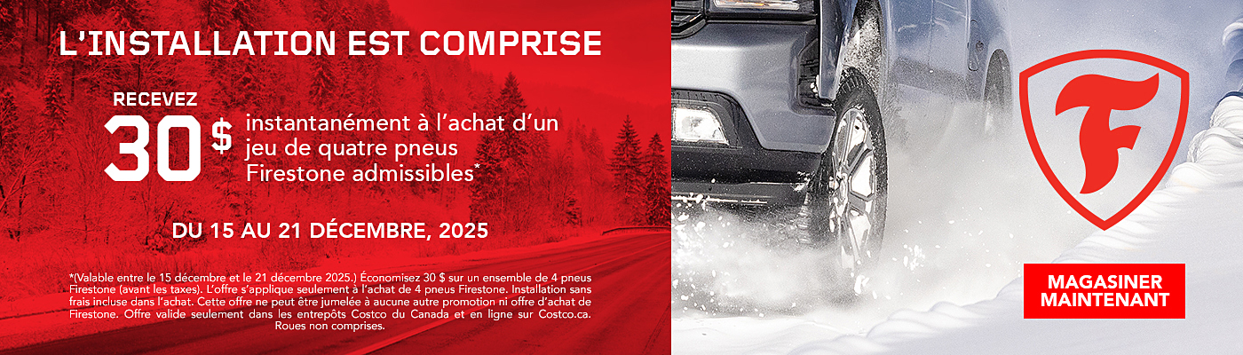 Recevez 30$ instantanément à l'achat d'un jeu de quatre pneus Firestone.