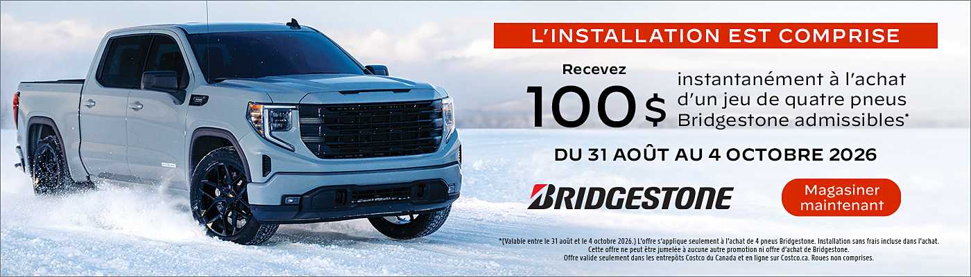 Recevez 100$ à l'achat d'un jeu de quatre pneus Bridgestone admissibles.