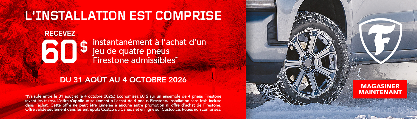 Recevez 60$ instantanément à l'achat d'un jeu de quatre pneus Firestone.