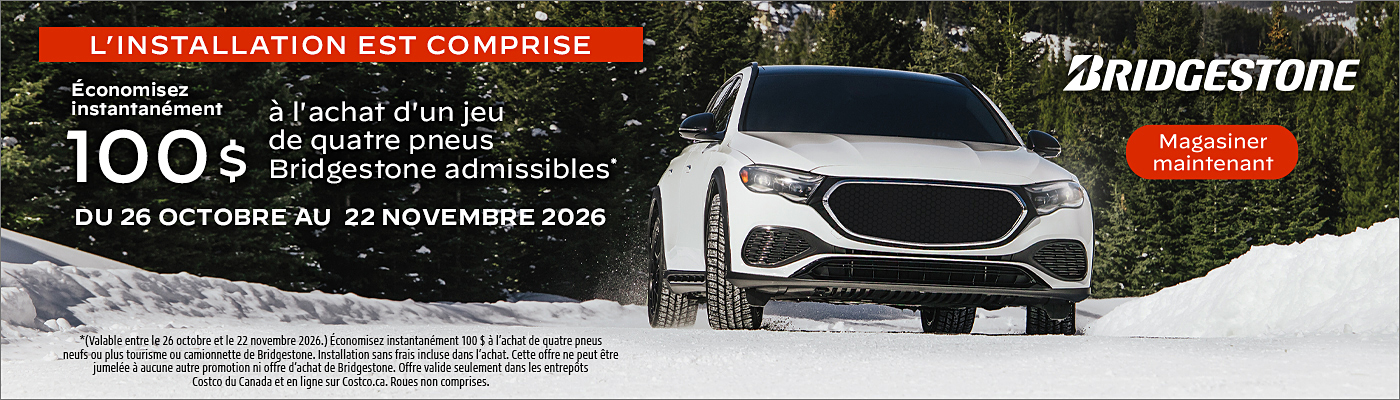 Recevez 100$ à l'achat d'un jeu de quatre pneus Bridgestone admissibles.
