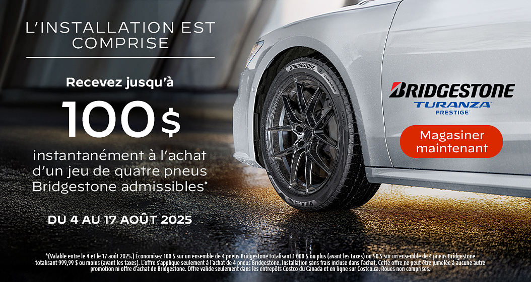 Recevez jusqu'à 100$ à l'achat d'un jeu de quatre pneus Bridgestone admissibles.