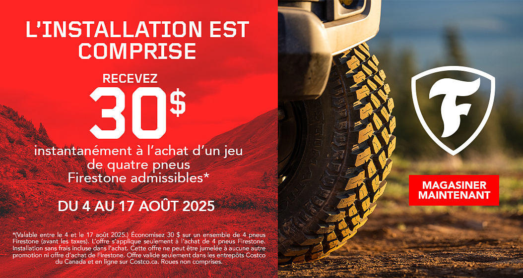 Recevez 30$ instantanément à l'achat d'un jeu de quatre pneus Firestone.