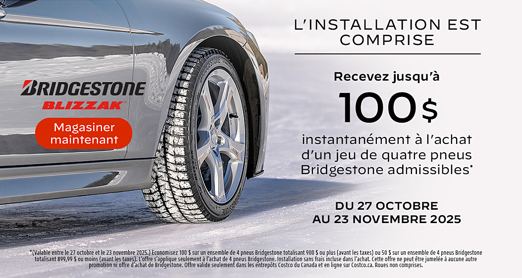 Recevez jusqu'à 100$ à l'achat d'un jeu de quatre pneus Bridgestone admissibles.