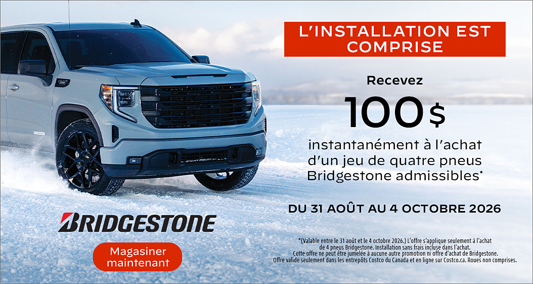 Recevez 100$ à l'achat d'un jeu de quatre pneus Bridgestone admissibles.