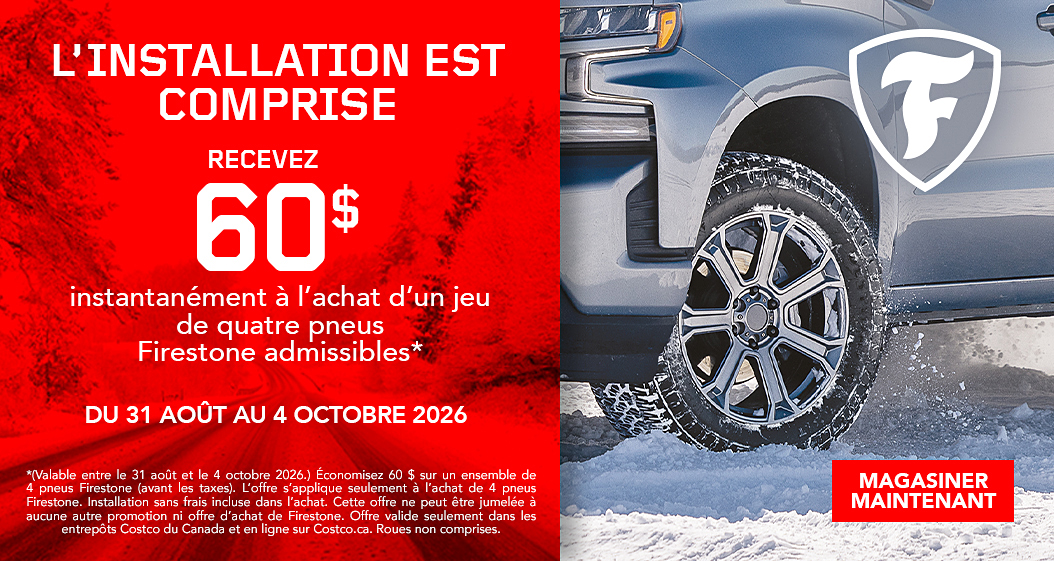 Recevez 60$ instantanément à l'achat d'un jeu de quatre pneus Firestone.