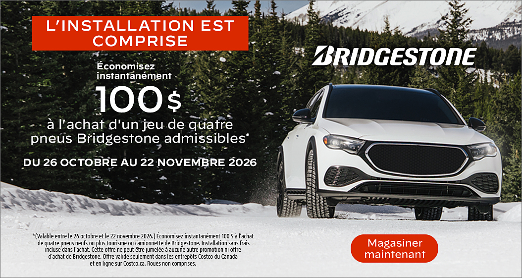 Recevez 100$ à l'achat d'un jeu de quatre pneus Bridgestone admissibles.