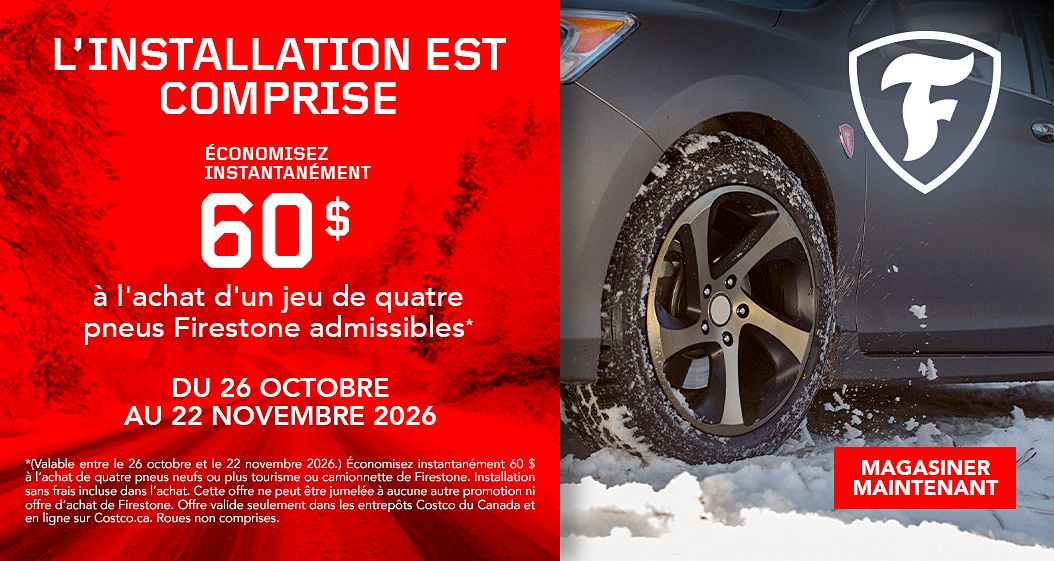 Recevez 60$ instantanément à l'achat d'un jeu de quatre pneus Firestone.