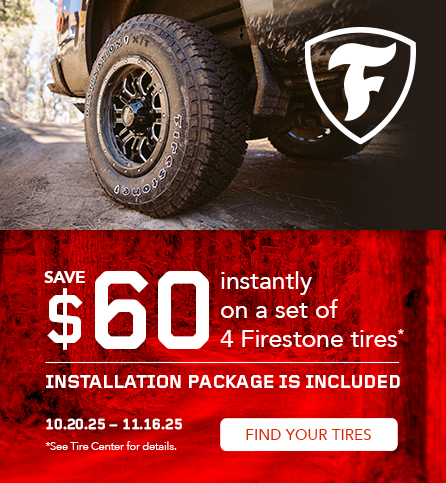 Save $60 instantly on a set of 4 Firestone tires
