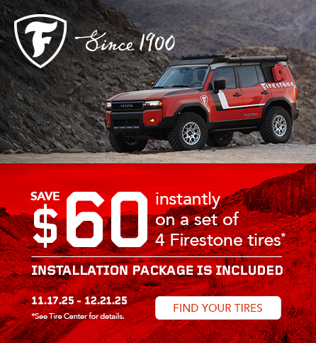 Save $60 instantly on a set of 4 Firestone tires
