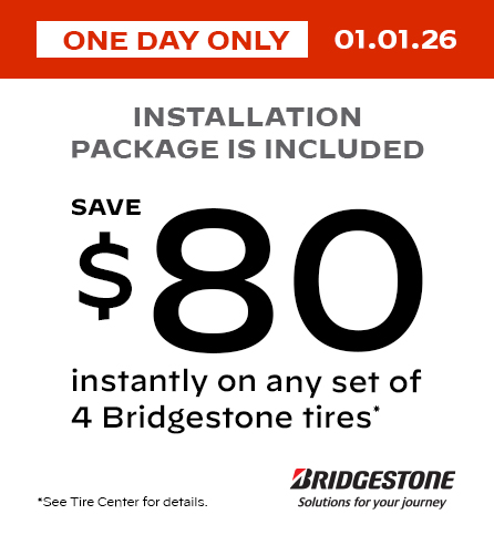 Save $80 instantly on any set of 4 Bridgestone tires