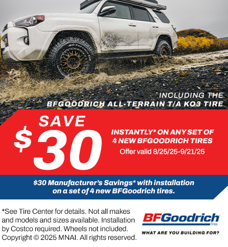 Save $30 instantly on any set of 4 new BFGoodrich tires.